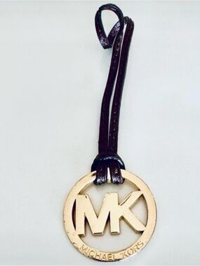 Michael Kors Gold MK Logo Charm with Brown Leather Strap Handbag Fob Tag